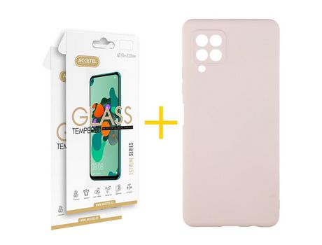 Pack 2 X Protector de Vidrio Templado 2.5D + Funda ACCETEL para Samsung Galaxy A22 4G Silicona Líquida Rosa