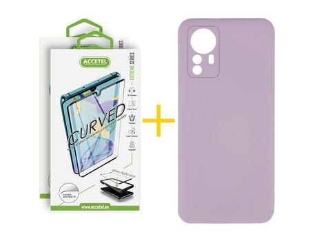 Pack 2 X Protector de Vidrio Templado Curvado + Funda ACCETEL para Xiaomi 12 Pro Silicona Líquida Morado