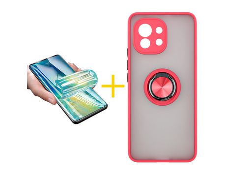 Pack 1 Película + Funda SKYHE para Xiaomi MI 11 Lite 5G NE Gel Bumper con Anillo Rojo