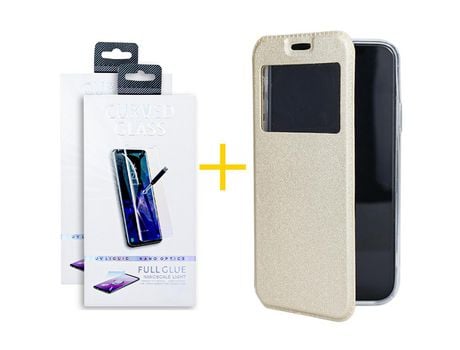 Juego 2 X Película de Vidrio Templado Antiestático y Funda SKYHE por Apple iPhone 14 Flip Cover Gandy Oro