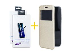 Juego 2 X Película de Vidrio Templado Antiestático + Funda Accetel por Apple iPhone 14 Pro Max Flip Cover Gandy Oro