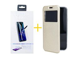 Juego 1 X Película de Vidrio Templado Antiestático + Funda skyhe por Apple iPhone 14 Plus Flip Cover Gandy Oro