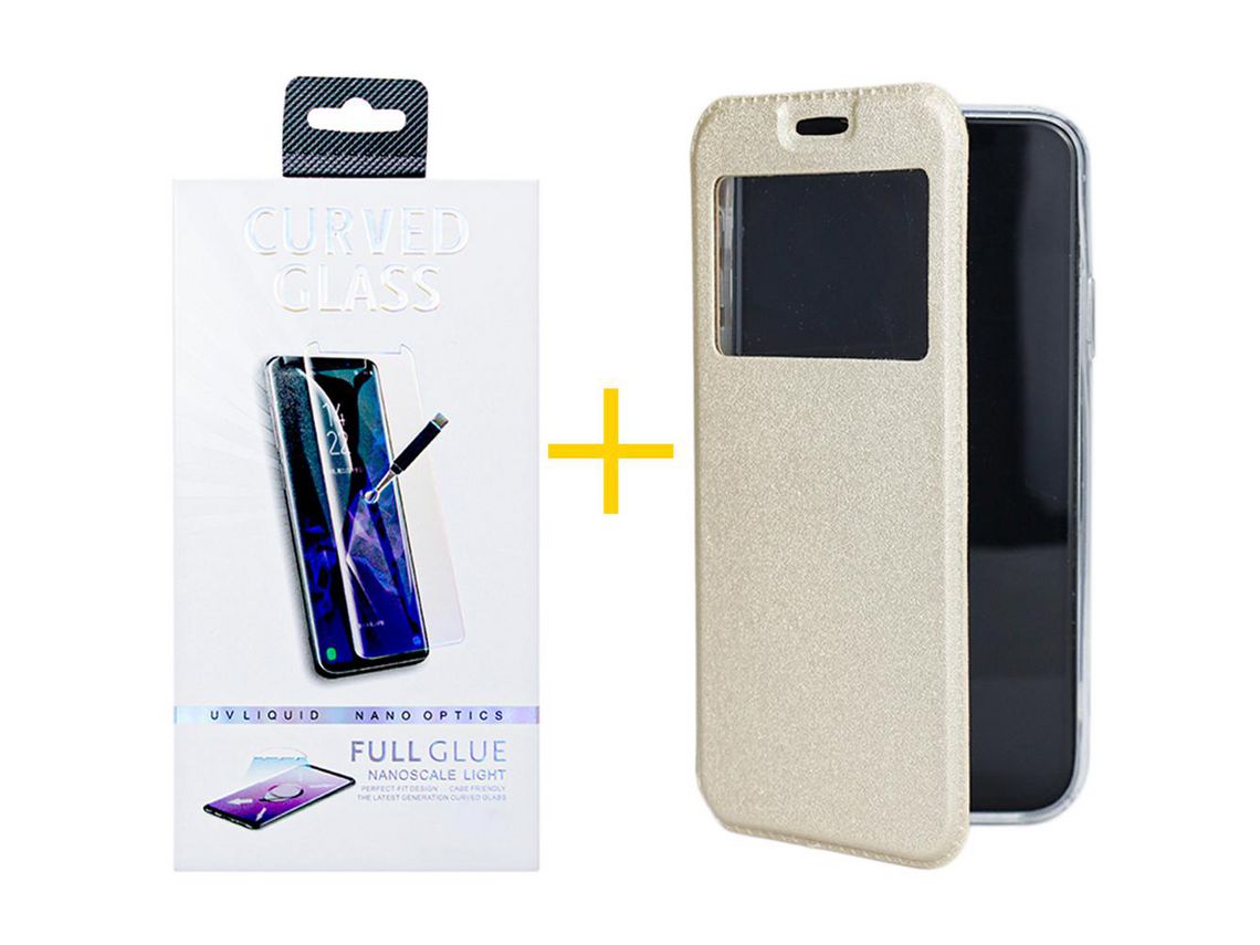 Juego 1 X Película de Vidrio Templado Antiestático + Funda skyhe por Apple iPhone 14 Plus Flip Cover Gandy Oro