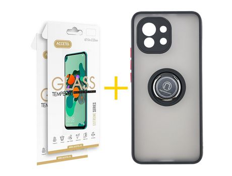 Pack 2 X Protector de Vidrio Templado 2.5D + Funda ACCETEL para Xiaomi MI 11 Lite 5G Gel Bumper con Anillo Negro