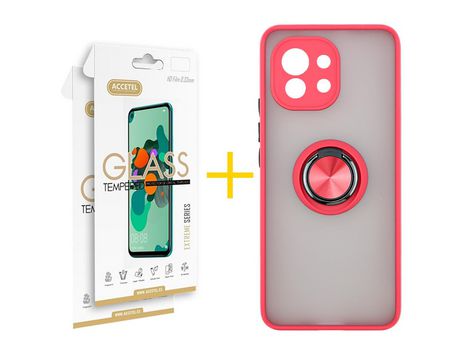 Pack 2 X Protector de Vidrio Templado 2.5D + Funda ACCETEL para Xiaomi MI 11 Lite 5G NE Gel Bumper con Anillo Rojo
