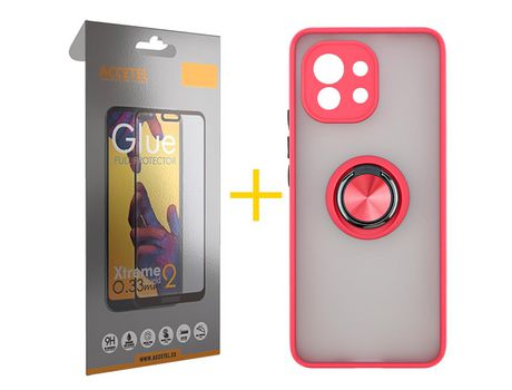Pack 1 X Protector de Vidrio Templado Full + Funda ACCETEL para Xiaomi MI 11 Lite 5G NE Gel Bumper con Anillo Rojo