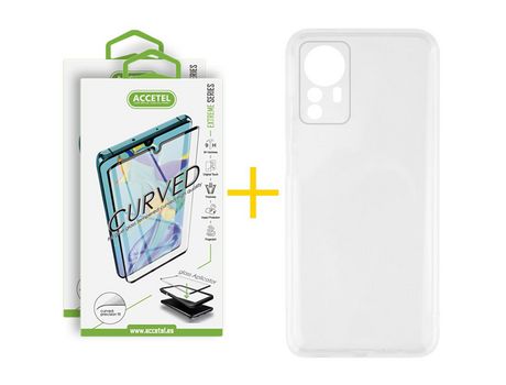 Pack 2 X Protector de Vidrio Templado Curvado + Funda ACCETEL para Xiaomi 12 Pro Silicona Líquida Transparente Clear