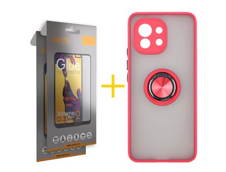 Pack 2 X Protector de Vidrio Templado Full + Funda ACCETEL para Xiaomi MI 11 Lite 5G NE Gel Bumper con Anillo Rojo