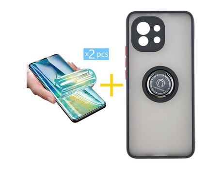 Pack 2 Películas + Funda SKYHE para Xiaomi MI 11 Lite 5G NE Gel Bumper con Anillo Negro
