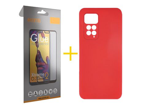 Pack 1 X Protector de Vidrio Templado Full + Funda ACCETEL para Xiaomi Redmi Note 11 Pro 5G Silicona Líquida Rojo