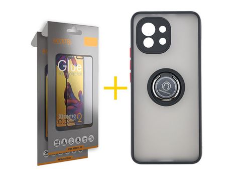 Pack 2 X Protector de Vidrio Templado Full + Funda ACCETEL para Xiaomi MI 11 Lite 5G Gel Bumper con Anillo Negro