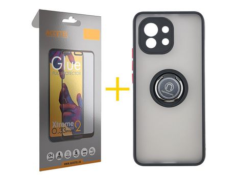 Pack 1 X Protector de Vidrio Templado Full + Funda ACCETEL para Xiaomi MI 11 Lite 5G Gel Bumper con Anillo Negro