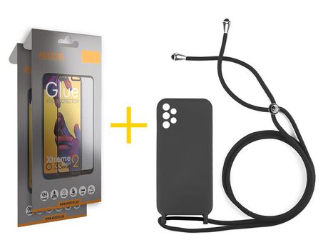Pack 2 X Protector de Vidrio Templado Full + Funda ACCETEL para Samsung Galaxy A72 5G Gel con Cordón Negro