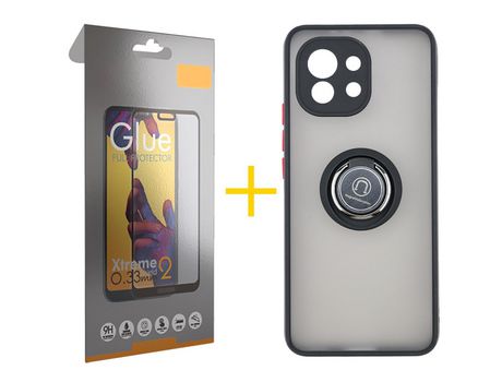 Pack 1 Película Full + Funda SKYHE para Xiaomi MI 11 Lite 5G Gel Bumper con Anillo Negro