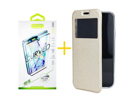 Pack 1 X Protector de Vidrio Templado Curvado + Funda ACCETEL para Samsung Galaxy S20 Plus 5G Flip Cover Gandy Oro