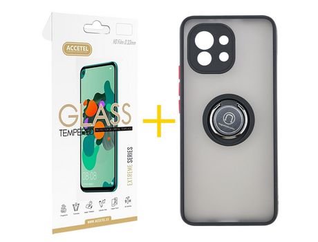 Pack 1 X Protector de Vidrio Templado 2.5D + Funda ACCETEL para Xiaomi MI 11 Lite 5G Gel Bumper con Anillo Negro