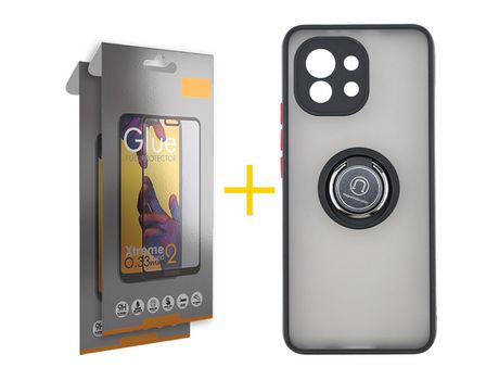 Pack 2 Películas Full + Funda SKYHE para Xiaomi MI 11 Lite 5G NE Gel Bumper con Anillo Negro