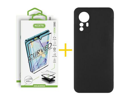 Pack 2 X Protector de Vidrio Templado Curvado + Funda ACCETEL para Xiaomi 12 Pro Silicona Líquida Negro