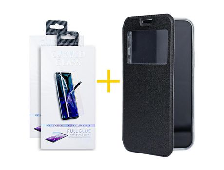 Juego 2 X Película de Vidrio Templado Antiestático + Funda Accetel por Apple iPhone 14 Pro Flip Cover Gandy Negro