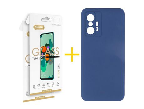 Pack 2 X Protector de Vidrio Templado 2.5D + Funda ACCETEL para Xiaomi 11T Pro Silicona Líquida Azul