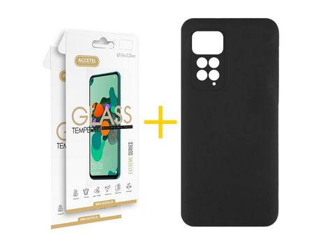 Pack 2 X Protector de Vidrio Templado 2.5D + Funda ACCETEL para Xiaomi Redmi Note 11 Pro 5G Silicona Líquida Negro