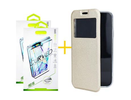 Pack 2 Películas Curvado + Funda SKYHE para Samsung Galaxy S20 Plus 5G Flip Cover Gandy Oro