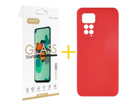 Pack 1 X Protector de Vidrio Templado 2.5D + Funda ACCETEL para Xiaomi Redmi Note 11 Pro 5G Silicona Líquida Rojo