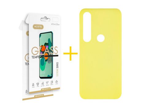 Pack 2 X Protector de Vidrio Templado 2.5D + Funda ACCETEL para Huawei P Smart 2019 Silicona Líquida Amarillo
