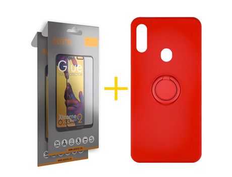 Pack 2 X Protector de Vidrio Templado Full + Funda ACCETEL para Samsung Galaxy A20s Gel O-Ring Rojo