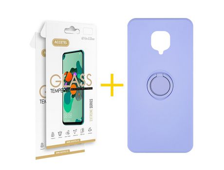 Pack 2 X Protector de Vidrio Templado 2.5D + Funda ACCETEL para Xiaomi Redmi Note 9 Pro Gel O-Ring Morado
