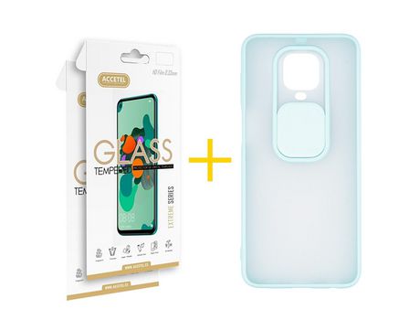 Pack 2 X Protector de Vidrio Templado 2.5D + Funda ACCETEL para Xiaomi Redmi Note 9 Pro Gel Protección Cámara Verde-Mar