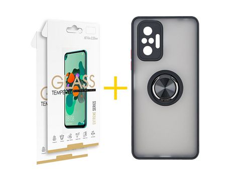 Pack 2 Películas 2.5D + Funda SKYHE por Xiaomi Redmi Note 10 Pro Gel Bumper con Anillo Negro