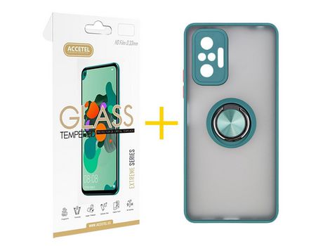 Pack 1 X Protector de Vidrio Templado 2.5D + Funda ACCETEL para Xiaomi Redmi Note 10 Pro Gel Bumper con Anillo Verde