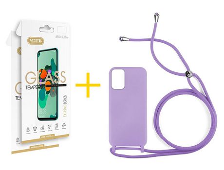 Pack 2 X Protector de Vidrio Templado 2.5D + Funda ACCETEL para Xiaomi Redmi Note 10 Pro Gel con Cordón Violeta