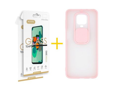 Pack 2 X Protector de Vidrio Templado 2.5D + Funda ACCETEL para Xiaomi Redmi Note 9 Pro Gel Protección Cámara Rosa
