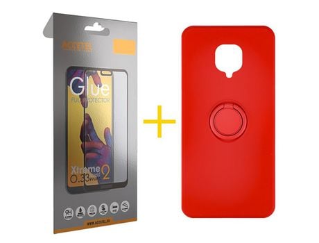 Pack 1 X Protector de Vidrio Templado Full + Funda ACCETEL para Xiaomi Redmi Note 9 Pro Gel O-Ring Rojo
