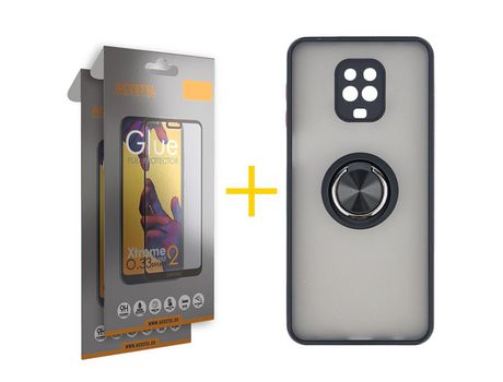 Pack 2 X Protector de Vidrio Templado Full + Funda ACCETEL para Xiaomi Redmi Note 9 Pro Gel Bumper con Anillo Negro