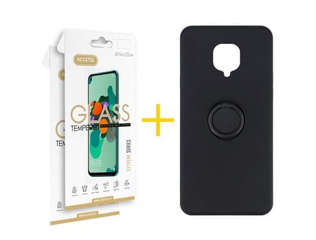 Pack 2 X Protector de Vidrio Templado 2.5D + Funda ACCETEL para Xiaomi Redmi Note 9 Pro Gel O-Ring Negro