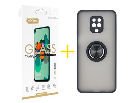 Pack 1 X Protector de Vidrio Templado 2.5D + Funda ACCETEL para Xiaomi Redmi Note 9S Gel Bumper con Anillo Negro