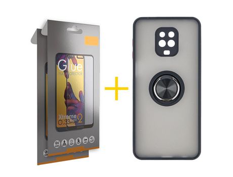 Pack 2 Películas Full + Funda SKYHE por Xiaomi Redmi Note 9 Pro Gel Bumper con Anillo Negro