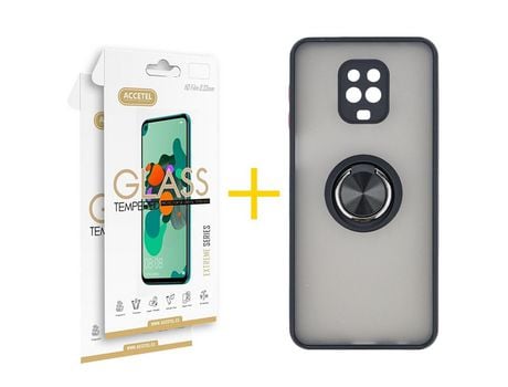 Pack 2 X Protector de Vidrio Templado 2.5D + Funda ACCETEL para Xiaomi Redmi Note 9 Pro Gel Bumper con Anillo Negro