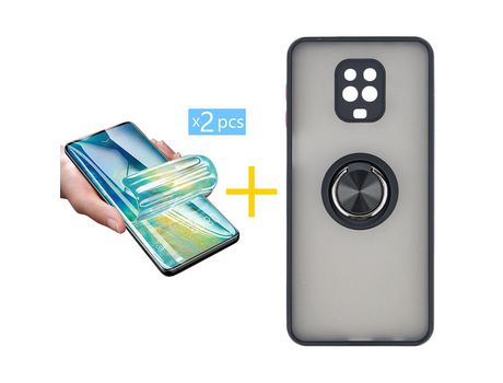 Pack 2 Películas + Funda SKYHE por Xiaomi Redmi Note 9 Pro Gel Bumper con Anillo Negro