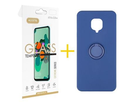 Pack 1 X Protector de Vidrio Templado 2.5D + Funda ACCETEL para Xiaomi Redmi Note 9 Pro Gel O-Ring Azul