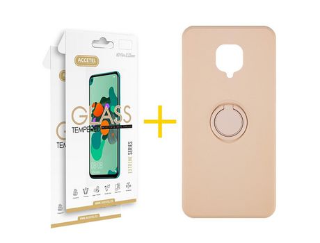 Pack 2 X Protector de Vidrio Templado 2.5D + Funda ACCETEL para Xiaomi Redmi Note 9 Pro Gel O-Ring Rosa Pastel