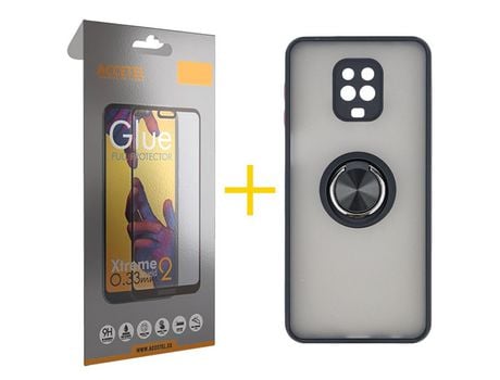 Pack 1 X Protector de Vidrio Templado Full + Funda ACCETEL para Xiaomi Redmi Note 9S Gel Bumper con Anillo Negro