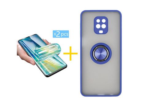 Pack 2 X Protector de Vidrio Templado Hidrogel + Funda ACCETEL para Xiaomi Redmi Note 9 Pro Gel Bumper con Anillo Azul