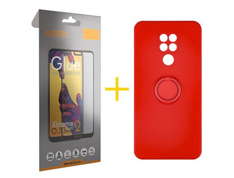 Pack 1 X Protector de Vidrio Templado Full + Funda ACCETEL para Xiaomi Redmi Note 9 Gel O-Ring Rojo