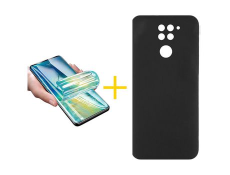 Pack 1 Película + Funda SKYHE por Xiaomi Redmi Note 9 Silicona Liso Negro