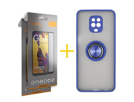 Pack 2 X Protector de Vidrio Templado Full + Funda ACCETEL para Xiaomi Redmi Note 9 Pro Gel Bumper con Anillo Azul