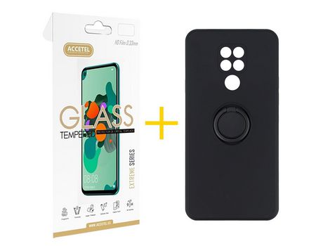 Pack 1 X Protector de Vidrio Templado 2.5D + Funda ACCETEL para Xiaomi Redmi Note 9 Gel O-Ring Negro